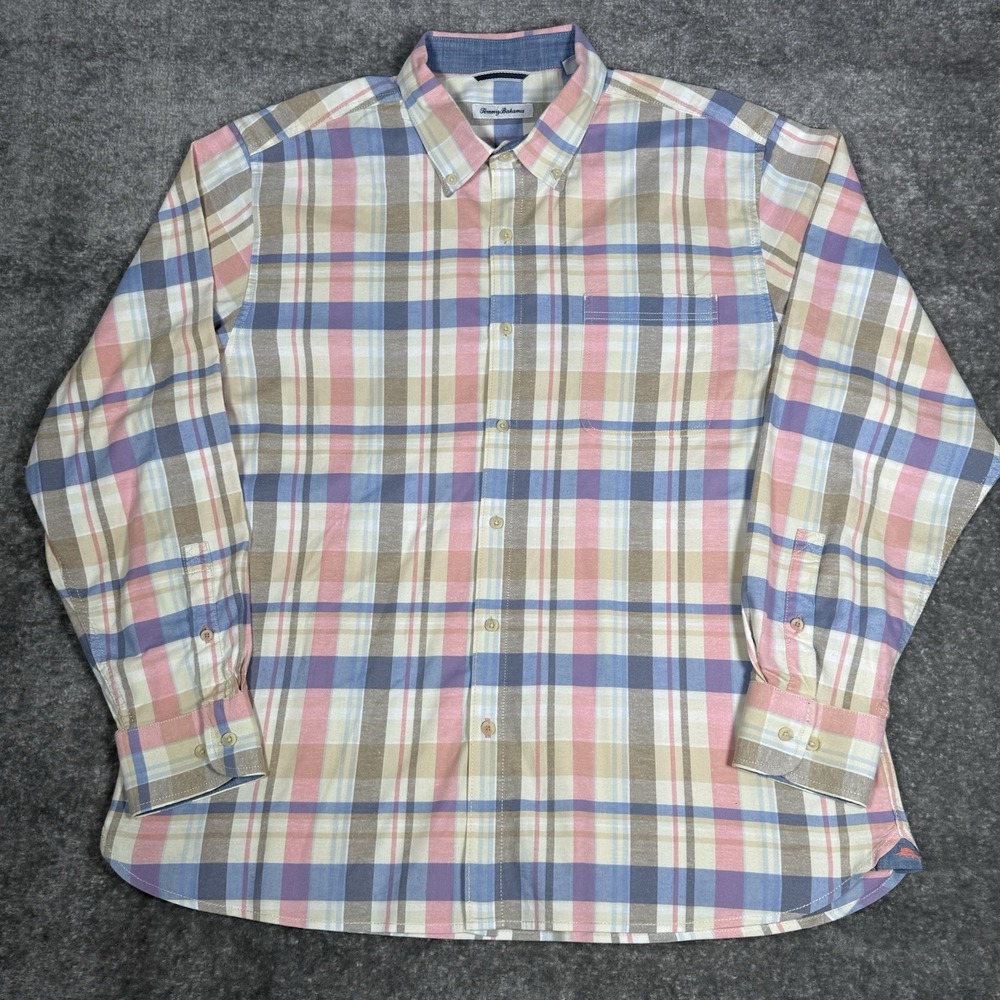 Tommy Bahama Shirt Men's XL Pastel Plaid Cotton Blend Stretch Long Sleeve - Picture 1 of 7